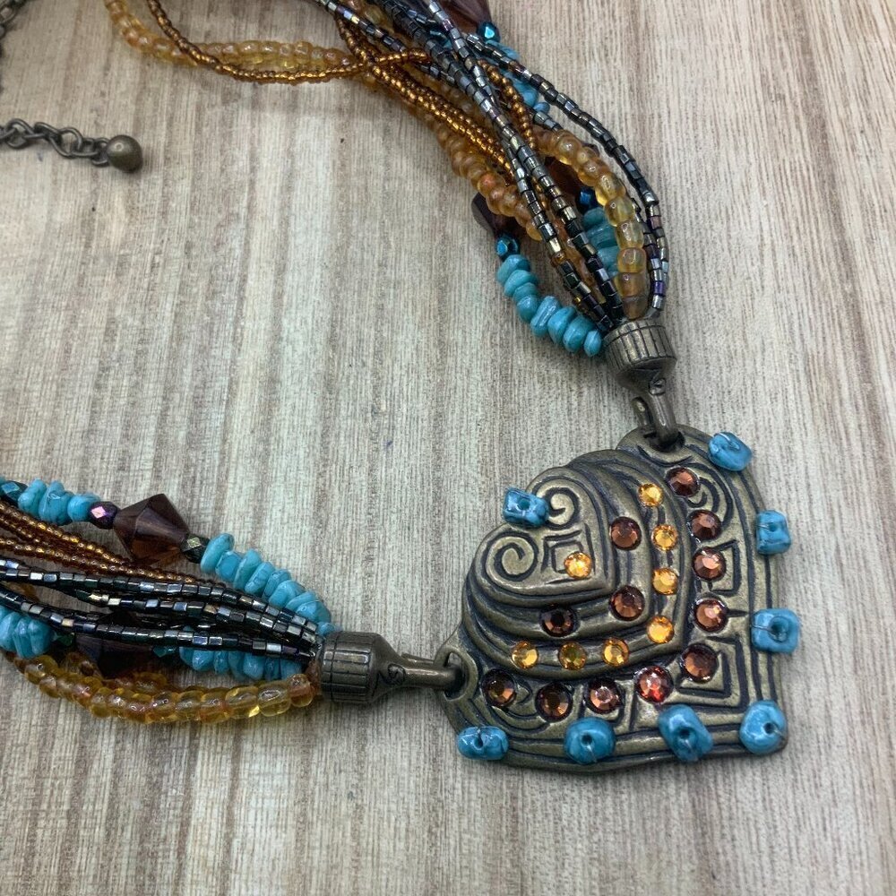Chico's Multi Strands Faux Turquoise Chips Beaded Bronze Tone Necklace